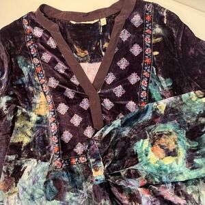 Soft Surroundings Velour Blouse Floral Print V-Neck Tunic Top Sz M Dark Feminine